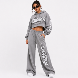 Ensemble de survêtement ONE APEX gris clair pour femme, coupe régulière, en coton, avec pantalon large, style graffiti streetwear, tenue d'hiver en molleton - Product Image 4