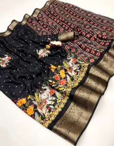 ผ้าส่าหรีผ้าจอร์เจตต์แบบ Banarasi สำหรับผู้หญิง สวยงาม หรูหรา พร้อมขอบผ้าทอลาย Gajraj ประดับด้วยกลิตเตอร์และงานปักดิ้นทอง ผลิตในประเทศอินเดีย - Product Image 3