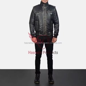 Chaqueta Bomber de Cuero Genuino Negro para Hombre, Cuello Alto, Epaulettes, Bolsillos con Cremallera, Piel de Oveja, Estilo Biker Desgastado, Abrigo de Invierno Personalizado - Product Image 3