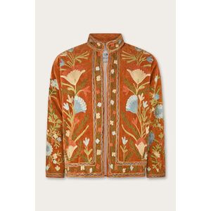 Chaqueta Suzani de Otoño/Primavera con Logotipo Personalizable en Color Ámbar Suave con Bordado Floral Pastel, Cuero Acolchado, Corte Corto - Product Image 1