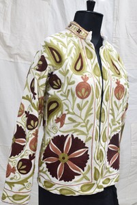 Women's Floral Suzani Embroidery Button Eco-Friendly Quilted <b>Jacket</b> <b>Short</b> Regular Autumn Winter Finished Canvas Woven Cotton - Product Image 2