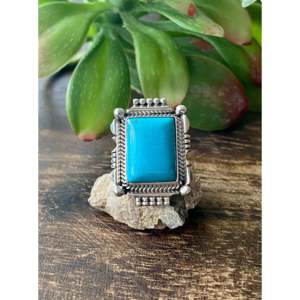 Navajo Handmade Fine Jewelry Kingman Turquoise & Sterling <b>Silver</b> <b>Statement</b> <b>Ring</b> Size 7 for Everyday Wear - Product Image 1