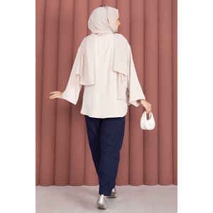 Women's Navy Blue Oxford Muslin <b>Trousers</b> Casual Straight-Leg with <b>Elastic</b> <b>Waist</b> Breathable and Wrinkled XL Size with Pockets - Product Image 5