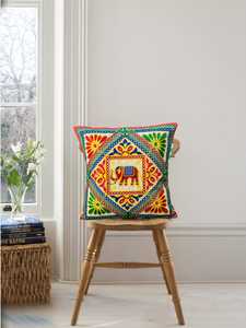 Beautiful Elephant Design <b>Indian</b> Handmade Embroidered Suzani <b>Cushion</b> Cover Uzbekistan Style 100% Cotton Hotel Floral Print - Product Image 6