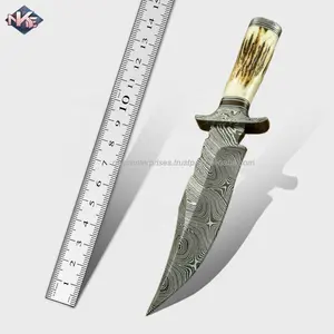 Durable Handcrafted Camping Knife: Damascus Steel Blade with Stag Horn Handle and Cowhide Leather Sheath