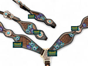 Precio bajo OEM lujo ecuestre caballo occidental Headstall pecho Collar Tack Set mano labrado y pintado personalizado cobre flor Concho - Product Image 2
