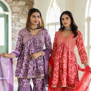 Alia Cut Beautiful Women 3 Piece Designer Shrarara Set, Mujeres Algodón Impreso Kurti Sharara & Dupatta Casual Wear Ropa Étnica - Product Image 1