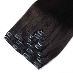 Extensions de cheveux à clipser 24 pouces # Cheveux humains brésiliens 100% Remy, noir naturel 1b, longueur étirée de 8 pouces - Product Image 1