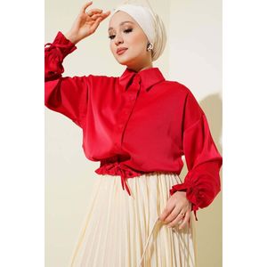 Elastic Waist <b>Sleeve</b> Ends Satin Shirt Red XL Size Breathable Cotton Knitted Formal Fashion Style <b>for</b> Spring Summer Autumn - Product Image 2