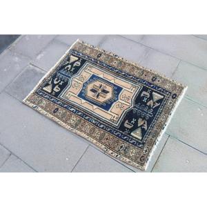 Alfombra Turca Pequeña de 2.2x3 pies (68x92 cm), Alfombra de Lana Azul Vintage con Diseño Floral - Product Image 2