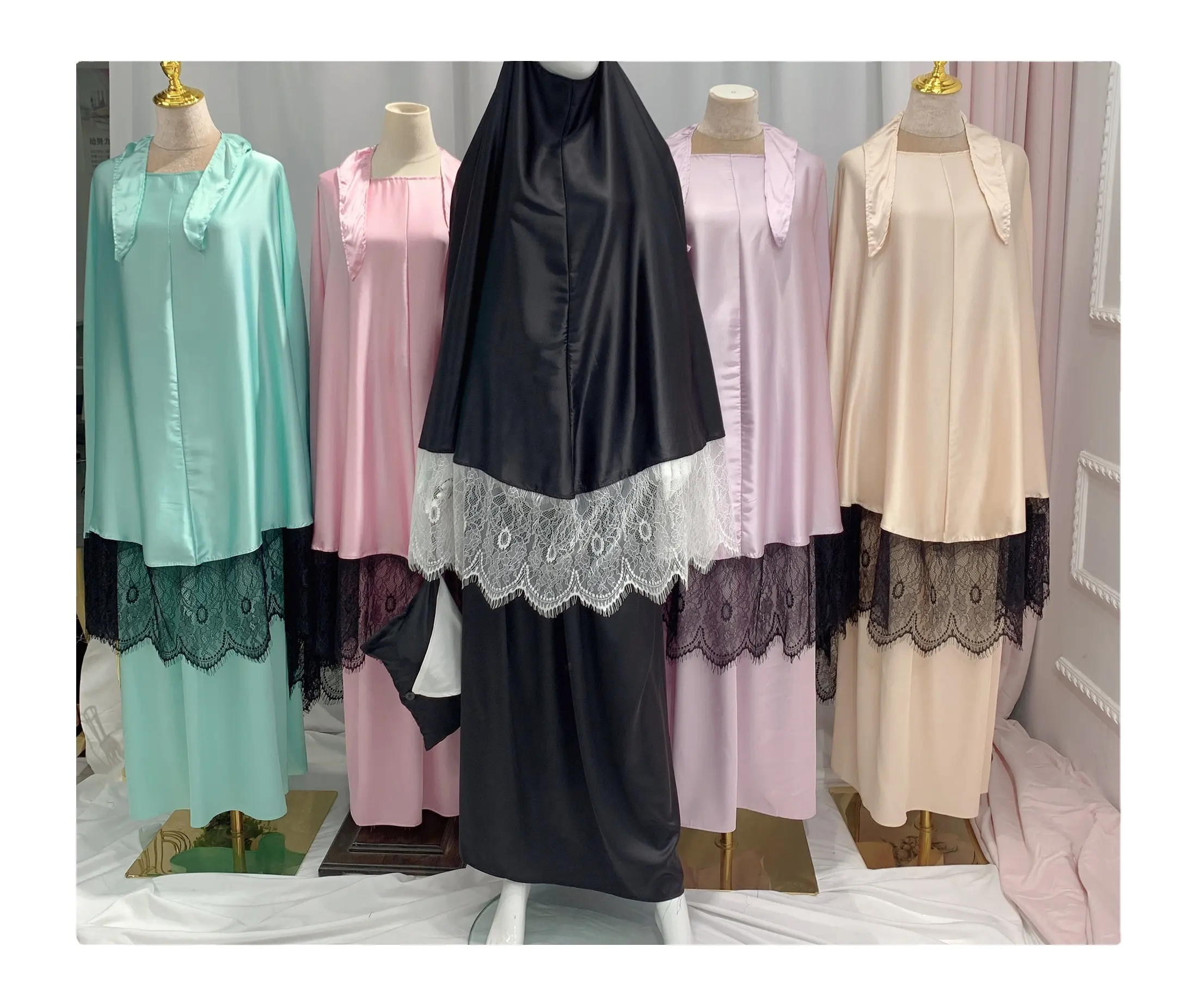 Frauen Muslim Sets Ramadan Abaya Spitze 2 Stück Gebet Kleidungs stück Kleid Khimar Islam Hijab Robe Islamische Kleidung Niqab 2023