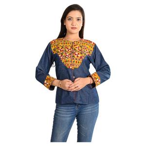 Veste en jean réversible brodée pour femme, style bohème indien fait main, en coton teint, tendance automne, pour tenue décontractée ou de soirée - Product Image 5