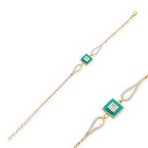 Turquoise Enamel Square Clear Zircon Stones <b>Charm</b> Bracelet Turkish Handmade Gold Plated 925 Sterling Silver Jewelry Gift Party - Product Image 1