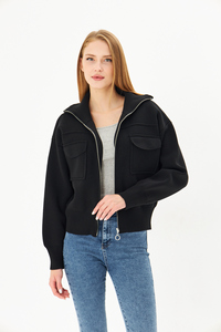 Manteau court décontracté pour femmes tricot à glissière en acier tricot manteau quotidien confortable avec col à capuche haut élégant confort assaisonné - Product Image 2