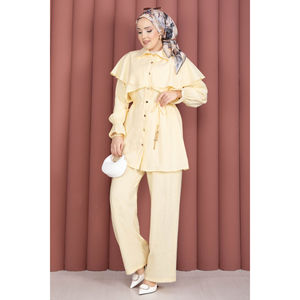 Conjunto de Túnica y Pantalones Amarillos con Botones, Diseño Capa, Ajuste Holgado Casual, Tejido de Algodón y Spandex, Perfecto para Verano y Otoño, con Abertura Superior - Product Image 4