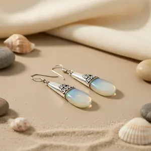 Boucles d'oreilles en argent sterling 925 vintage pour femmes, opale en forme de larme, plaquées or avec poire et diamant pour les mariages - Product Image 1