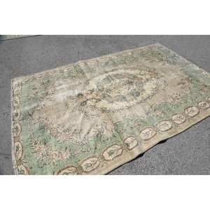 Alfombra turca vintage de 5,7x9 pies, clásico, verde, Beige, diseño de retazos, lana, área grande, rectángulo, pasillo, felpa de látex para clásico - Product Image 4