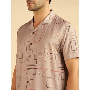 Amanush Men's Beige <b>Geometric</b> Pattern Casual <b>Shirt</b> With Mandarin Collar Short Sleeve Hand Embroidery Summer Wear Mens <b>Shirts</b> - Product Image 2