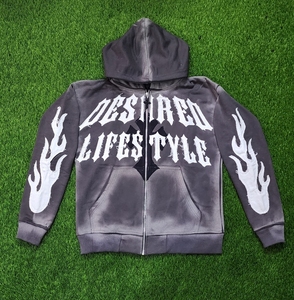 Custom Men's Winter Vintage Oversized Heavyweight 100% Cotton Breathable Zipper Hoodie Distressed Street <b>Pickled</b> Print Knitted - Product Image 4