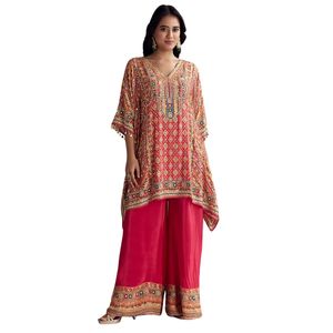Ensemble Palazzo caftan imprimé rouge cramoisi, vente en gros de vêtements ethniques pour femmes, conception personnalisée d'usine de vêtements, fournisseur en gros, mode OEM - Product Image 1