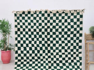 Tapis en laine à carreaux de qualité supérieure taille personnalisée coureur couloir Boho tapis en laine grand damier blanc vert tapis en laine marocain - Product Image 6