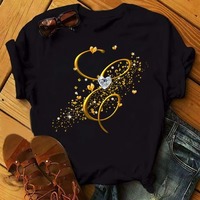 T-shirt Homme Col V Manches Courtes Uni 100% Coton Style Hip Hop Noir avec Lettres Dorées Diamantées B C D E F G Personnalisables