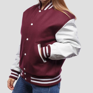 Chaqueta universitaria con cuello levantado granate y blanco con revestimiento personalizado para hombres y mujeres bombardero de béisbol con letras de poliéster/algodón personalizado - Product Image 4