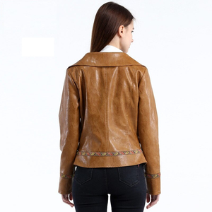 เสื้อแจ็คเก็ตหนังแท้ทรงสลิมสำหรับผู้หญิง สีพื้น คอตั้ง ซิปหน้า แฟชั่น ไซส์ใหญ่ สำหรับฤดูใบไม้ผลิและฤดูใบไม้ร่วง - Product Image 4