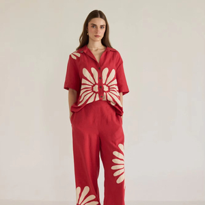 <b>Top</b> Quality co-ord set adorned with symmetrical floral <b>patchwork</b> embroidery thoughtfully placed on both the shirt and trousers - Product Image 1