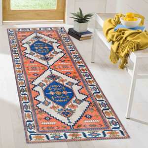 Alfombra Tribal Azul Marino y Naranja: Alfombra Estampada con Diseño Azteca Anatolino, Alfombra Suave No Tejida - Product Image 3