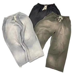 Pantalones de chándal para hombre de algodón grueso con lavado ácido, estilo jogger de felpa francesa, holgados de pierna ancha, vintage, efecto desgastado por el sol, estilo streetwear - Product Image 1