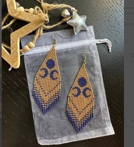 Long <b>Earrings</b> Gold Cobalt Matte <b>Blue</b> Moon Night Dangle Drop Handmade Handwoven - Product Image 1