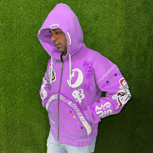 Sweats à capuche en coton mélangé 3D avec impression bouffante à fermeture éclair pour hommes sweats à capuche vintage délavés au soleil pour hommes - Product Image 3