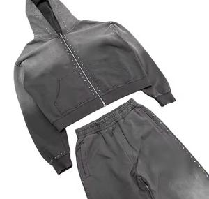 Conjunto de Dos Piezas Personalizado para Hombre, Estilo Vintage, Sudadera con Capucha y Pantalones Deportivos con Pedrería, Estampado, Lavado Ácido, Estilo Jogger - Product Image 5