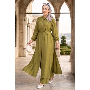 Conjunto de Túnica Larga Verde Oliva para Mujer, Modal y Chifón, Cuello Mao con Cordones, Atuendo Otoñal de Dos Piezas, Incluye Top - Product Image 1
