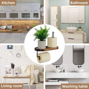 Soporte de papel higiénico-con estante, soporte de papel higiénico de madera marrón Montaje en pared Rollo de papel higiénico de metal negro - Product Image 6