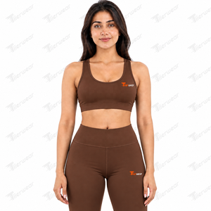 Women Yoga Set High Waist <b>Leggings</b> and Racerback Sports Bra <b>Brown</b> 2 Piece Set Breathable Spandex Polyester Full Length - Product Image 5