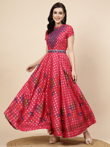 Ensemble Kurta Anarkali en rayonne pure pour femme, rose, imprimé et brodé, longueur ras du sol, coupe trapèze, lavable, prix de gros, fait main en Inde - Product Image 2