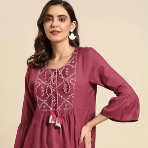 Ethnic Wear Premium Women Viscos Woven Design Tie-Up Neck Bell Sleeves Kurti with Embroidered Yoke Available At Wholesale Price