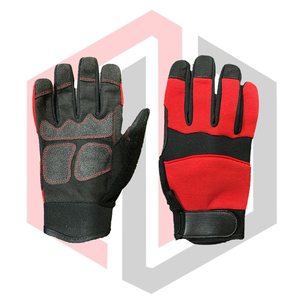 Black and <b>Red</b> Custom Split Leather Mechanic <b>Gloves</b> with Anti-Vibration Anti-Slip Knit Wrist Cuff - Product Image 1