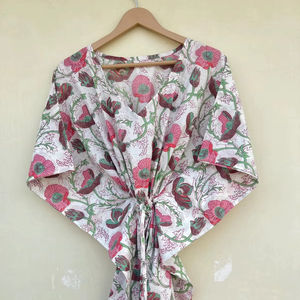 Kaftan en coton biologique imprimé à la main en Inde, taille unique, col en V, fermeture à cordon, couvre-plage, vêtement de nuit, maxi - Product Image 1