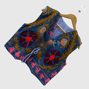 Chaleco Floral Bordado Azul para Mujer, Estilo Bohemio, Sin Mangas, Hecho a Mano, Cuello en V, Botón Único, Mezclilla de Algodón - Product Image 3