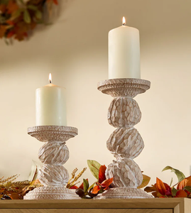 Juego de tres candelabros altos envueltos en textura de cuerda tejida en blanco y negro con tapas de madera natural a precios al por mayor. - Product Image 6