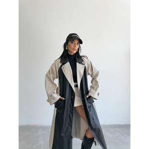 Trench-coat pour femme avec empiècements en cuir le long du col, couleur pierre - Product Image 3