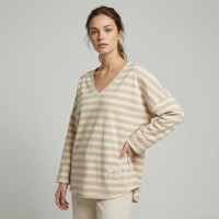 Pull décontracté rayé à col en V ample pour femme, tricoté à la machine, respirant, manches longues, style marin, longueur standard, 100 % coton