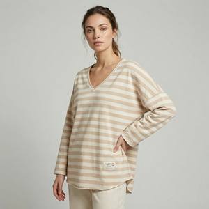 Pull décontracté d'été pour femme, col en V large, rayé, style marin, 100% coton - Product Image 1