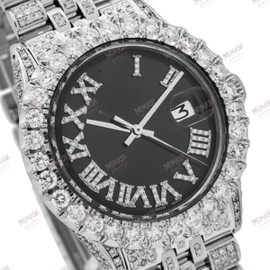 นาฬิกาประดับเพชรรูปตัวเลขสไตล์โรมันหน้าปัดสีดำประดับแบบเต็มหน้าปัดแสดงวันที่นาฬิกาเครื่องประดับฮิปฮอปสีเงินสุดหรู - Product Image 2