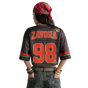 Retro Street Fashion Wear Short Sleeve Oversized Mesh <b>Cropped</b> <b>Top</b> Women American Football Jersey Black <b>Red</b> Graphic Print V-Neck - Product Image 2