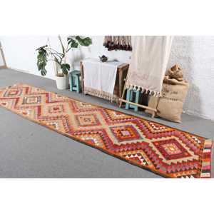 2.8x12 ft Rug, <b>Runner</b> Turkish Rug, <b>Red</b> Kilim Abstract Rug - Product Image 2