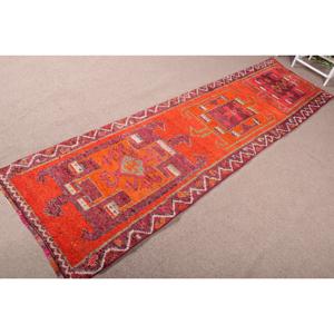 Tapis turc vintage, tapis Herki 3,1x11,3 pieds, tapis oriental en laine rouge - Product Image 2
